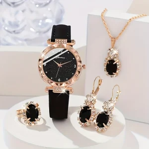 Black Diamond cut ladies quartz watch suit 5 pcs/set