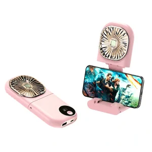 F3 Pink power bank fan [digital display + folding + hanging neck + stand]